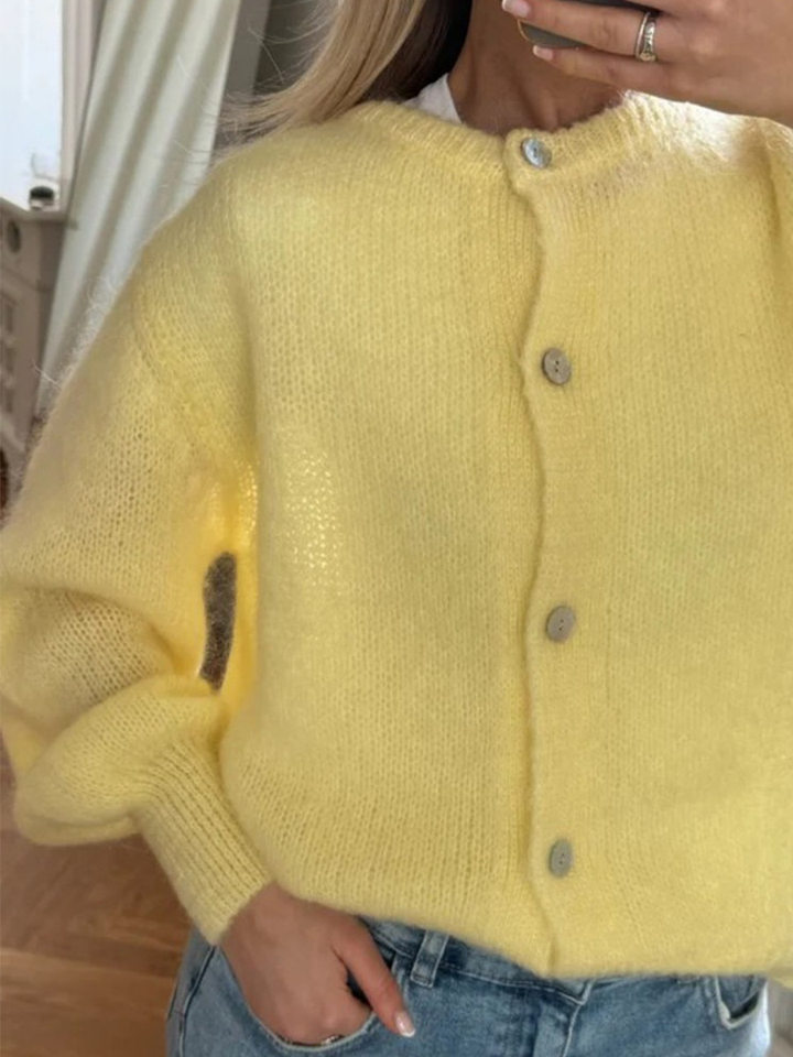 Áo cardigan len dệt kim dáng mỏng nhẹ cài nút một hàng, tay dài cổ tròn nữ — hoa hồng đỏ, màu be, màu cam, màu hoa cà chi tiết 16