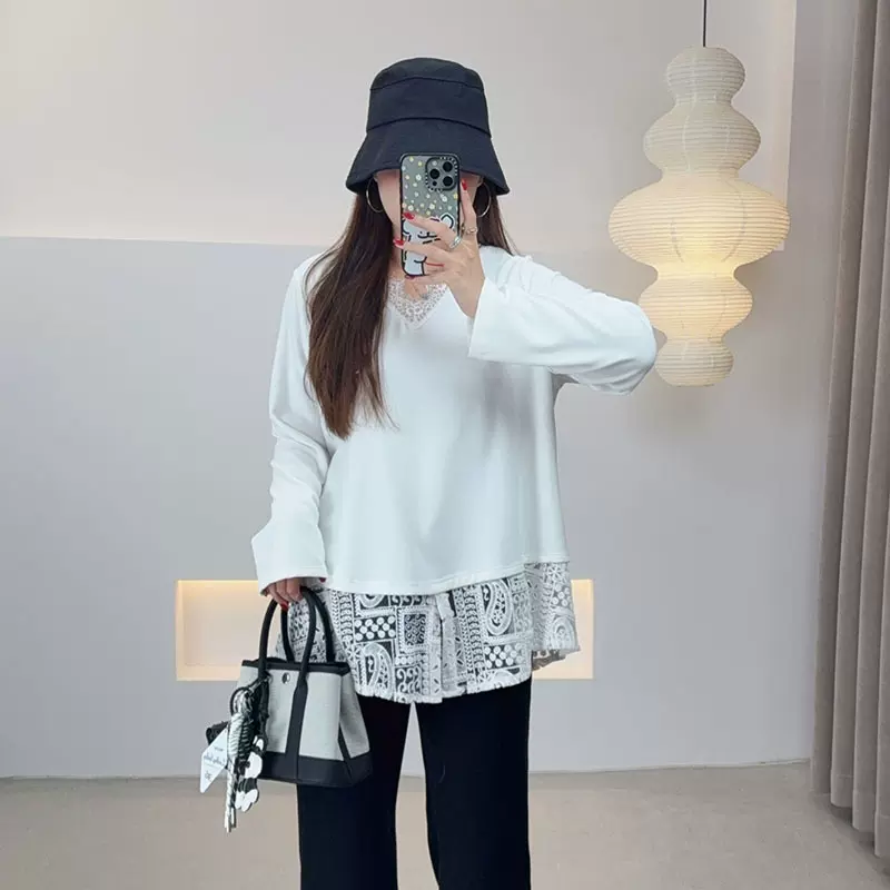 双天2025冬季大码女装打底衫胖妹妹时尚小V领宽松打底T恤衫9201