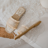Grass woven slippers for women's summer outerwear fashion 2022 new summer outing flat bottomed one word sandals, large size 41-43