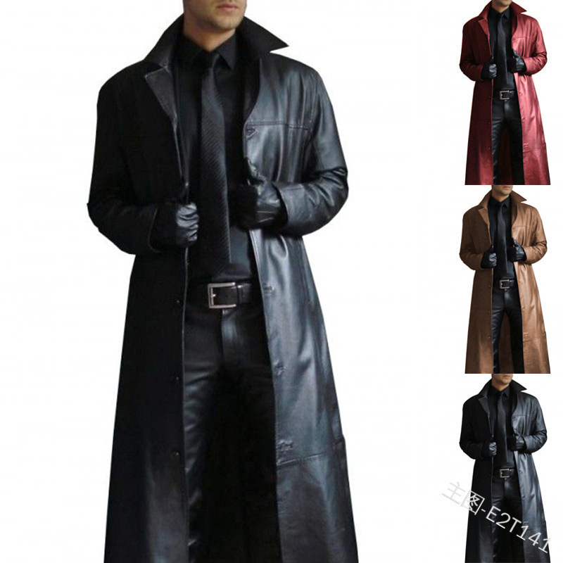 American casual Western Denim long leather trench coat men's slim lapel PU leather coat COS clothing leather coat