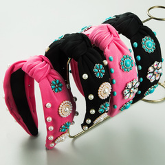 和鳴新款發箍復古中古風頭飾釘珠鑲松石珍珠高質量打結花朵頭箍女