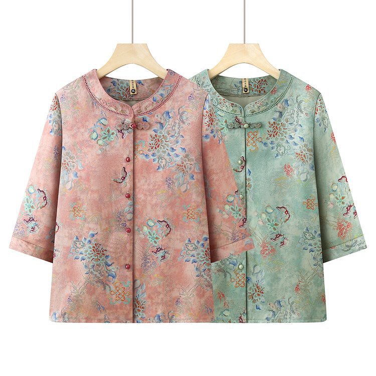 Grandma's Summer Outfit, New Chinese-Style Shirt, Middle-Aged and Elderly Women's Clothing, Mom's Summer Mid-Sleeve Blouse, Old Lady's Traditional Chinese Clothing