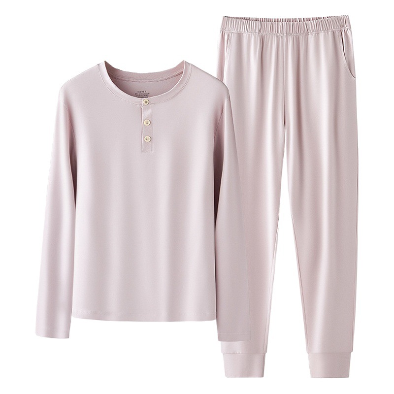 Conjunto de Pijamas de Algodón de Fibra Larga para Mujer, Estilo Transfronterizo, Manga Larga, Color Sólido, Estilo Delgado, Se Puede Usar en Exteriores, Ropa de Estar en Casa