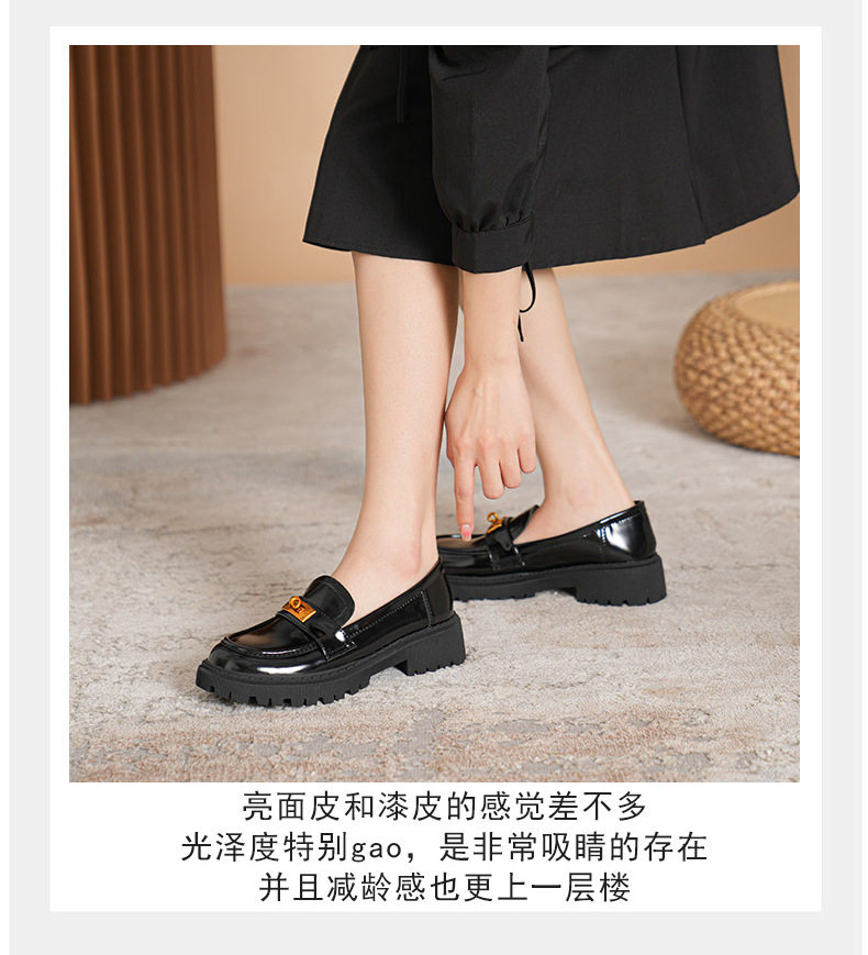 Giày lười nữ da mềm mũi tròn đế dày khóa vàng gót vuông 3–5 cm — Màu đen chi tiết 18