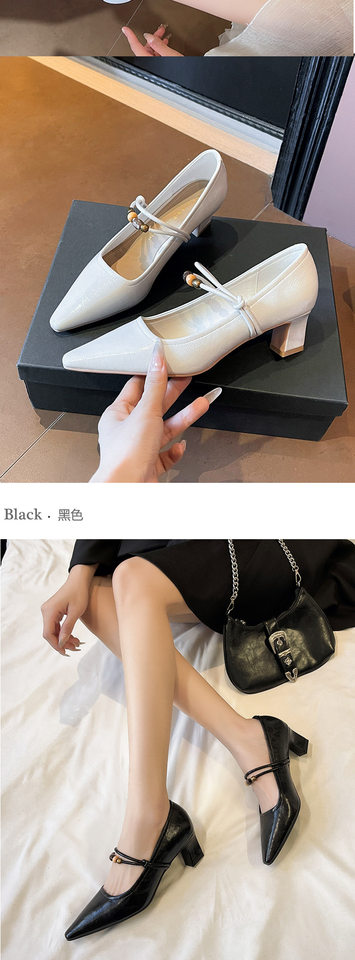 Giày cao gót nữ Mary Jane mũi vuông quai ngang đính hạt da mềm, gót dày 3–6 cm — Màu trắng nhạt, nâu, đen chi tiết 8