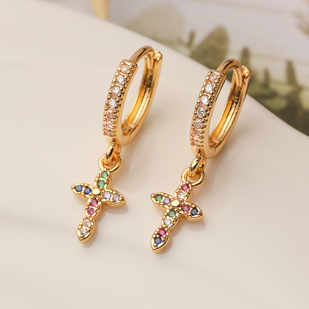 Aogu Niche Exquisite Copper-Plated Real Gold Zircon Cross Pendant Earrings for Women Ins Fashion Stylish Versatile Earrings