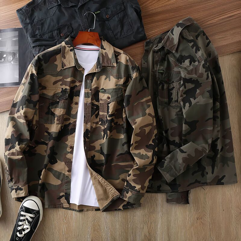 Autumn Men's Camouflage Suit Cargo Top Multi-Pocket Loose Men's Jacket Casual Outdoor Coat Teenage Shirt