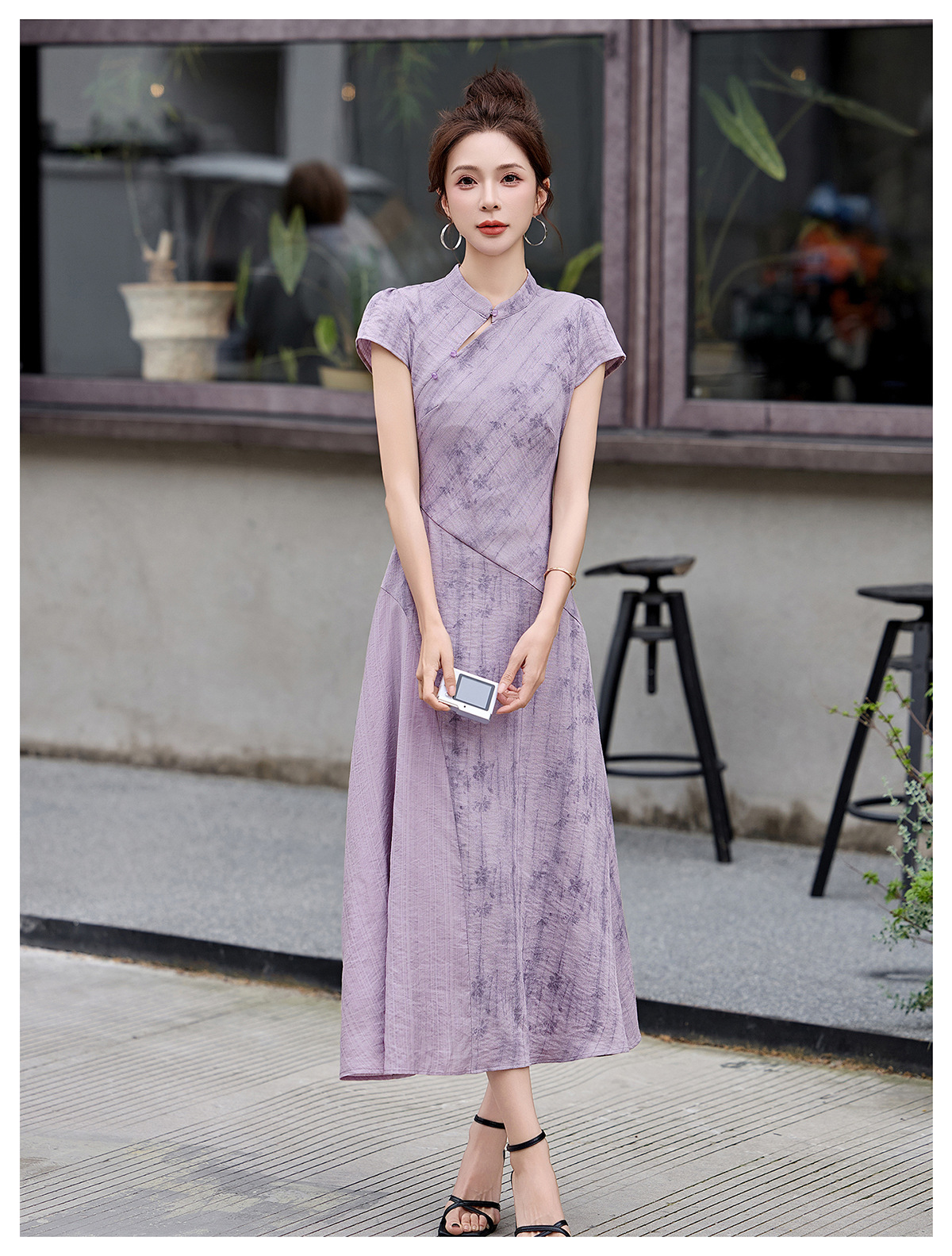 Đầm maxi cổ đứng tay ngắn dáng suông thắt eo phong cách Trung Hoa hiện đại — màu tím chi tiết 12