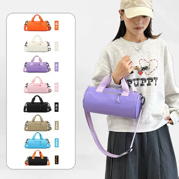 Cross-Border Popular Small Fitness Bag with Logo Printed, Hot-Selling Cylindrical Duffel Bag, Sports Handbag, Shoulder Bag, Travel Bag