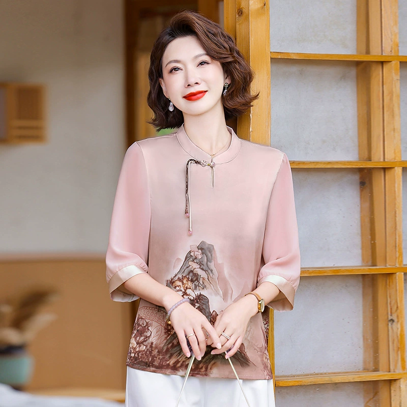 Мама летняя имитация шелковой футболки топ 2025 новая женская одежда среднего и пожилого возраста