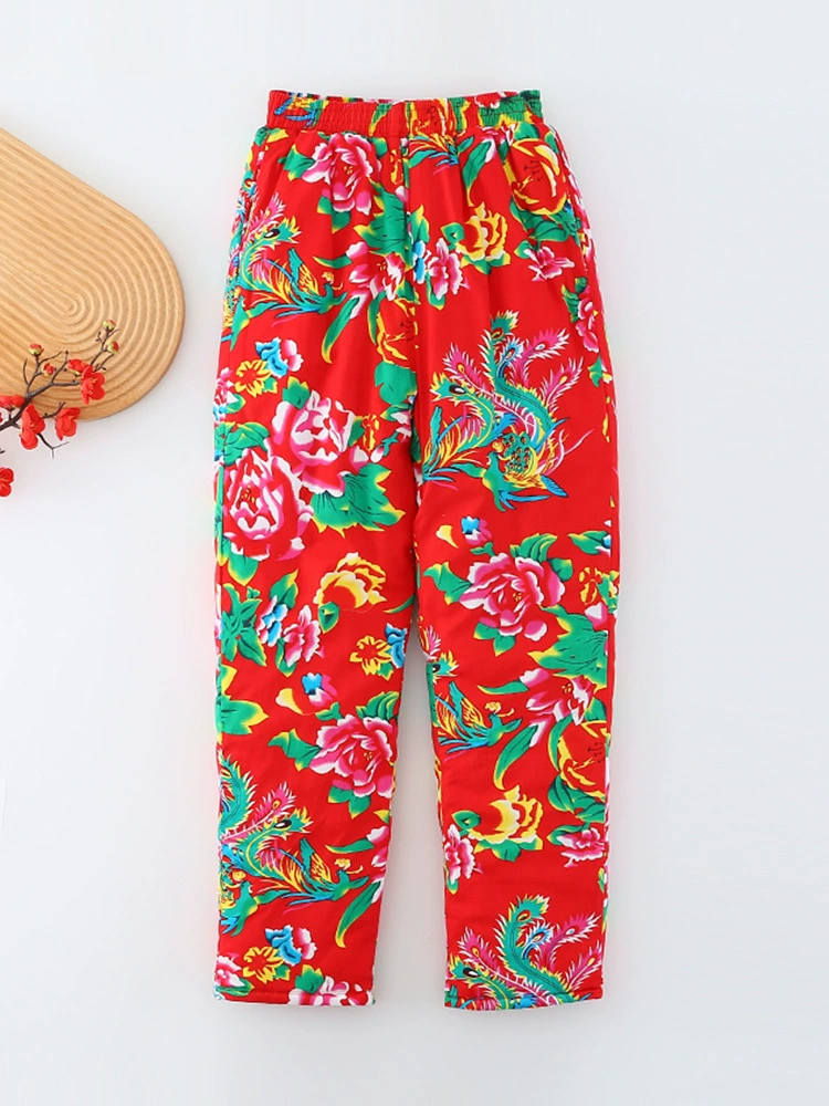 Фиолетовая Ни Ни Floral Демисезонные тёплые брюки, свободный прямой крой, высокий пояс, шёлк-хлопок, цветной принт