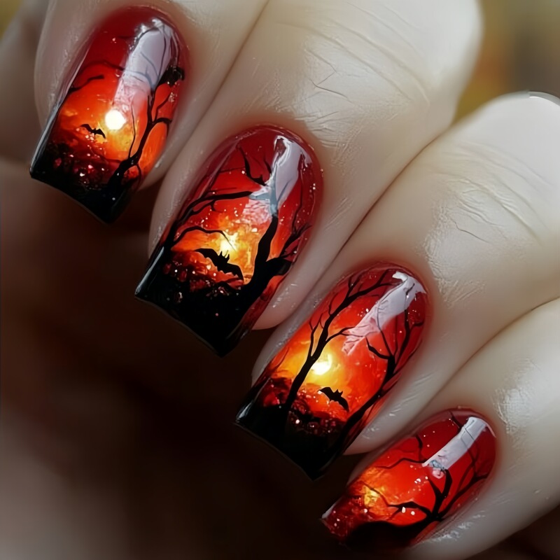 Mid-Length European Square Manicure Patches European and American Halloween Style Dark Red Forest Pattern Fake Nail Patches