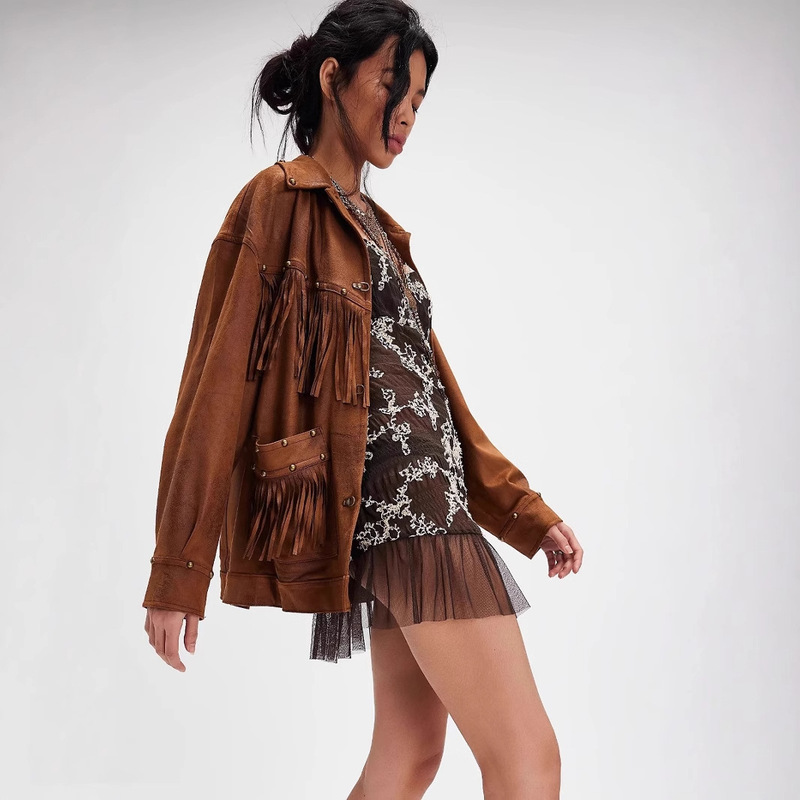 European and American Cross-Border Buttoned Long-Sleeved Spliced ​​Vegan Tassel Beaded Large Flap Pocket Pants Decorative Suede Jacket Jacket Customization