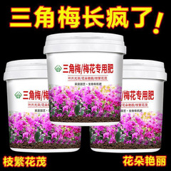 三角フラワー専用肥料、開花促進・根強化粒状緩効性栄養肥料、新緑の葉と梅の花の有機肥料
