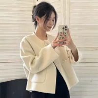 Короткое шерстяное пальто (стиль Chanel) для подростков, корейский деми-сезон, укороченный силуэт