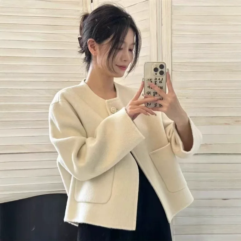 Короткое шерстяное пальто (стиль Chanel) для подростков, корейский деми-сезон, укороченный силуэт