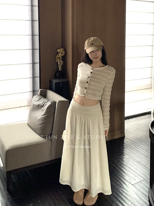 秋季套装女装针织开衫短款露脐长袖上衣高腰大摆a字半身裙长裙子|undefined