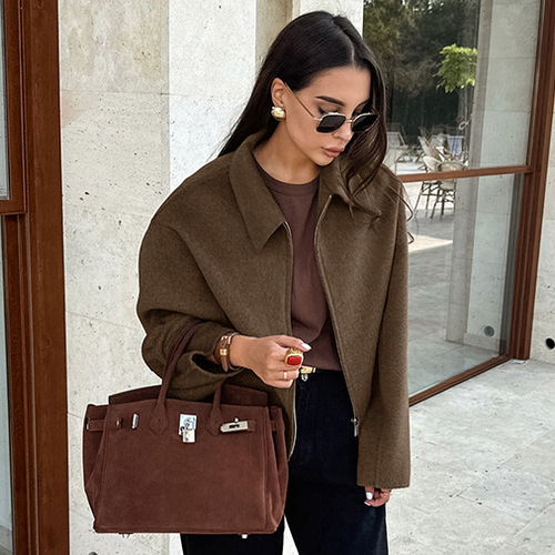 Autumn/Winter 2025 New Collar Long-Sleeve Zipper Woolen Coat for Women - Cross-Border Fashion, Loose and Casual Jacket