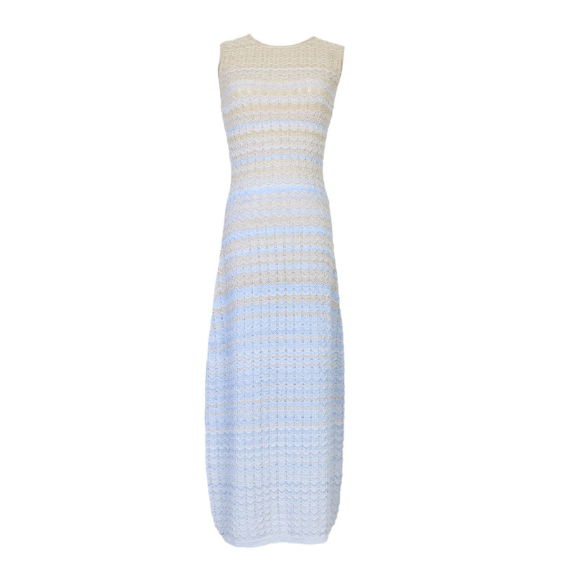 Women's Spring and Summer New Style French Sweet Wave Stripe Round Neck Knitted Cardigan Vest Short Coat Dress for Women