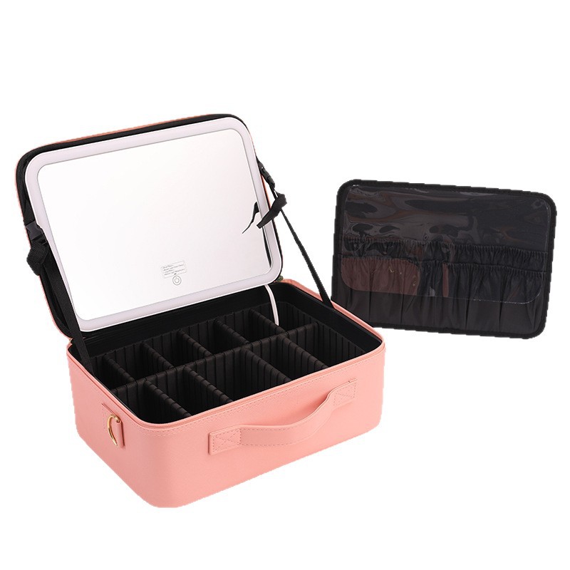Caja de maquillaje con lámpara con espejo LED bolsa de maquillaje batería de gran capacidad caja de maquillaje bolsa de almacenamiento multifuncional