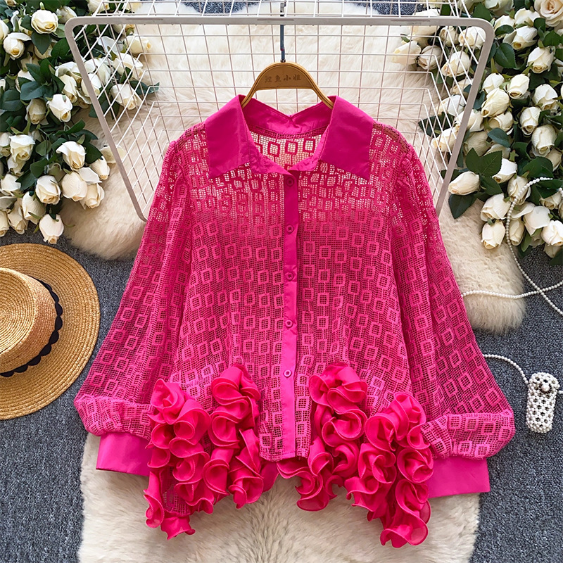 European and American Niche Accessible Luxury Classy Shirts for Women in Autum Thin Design Stereo Lace Loose Slimming Look Lace Tops