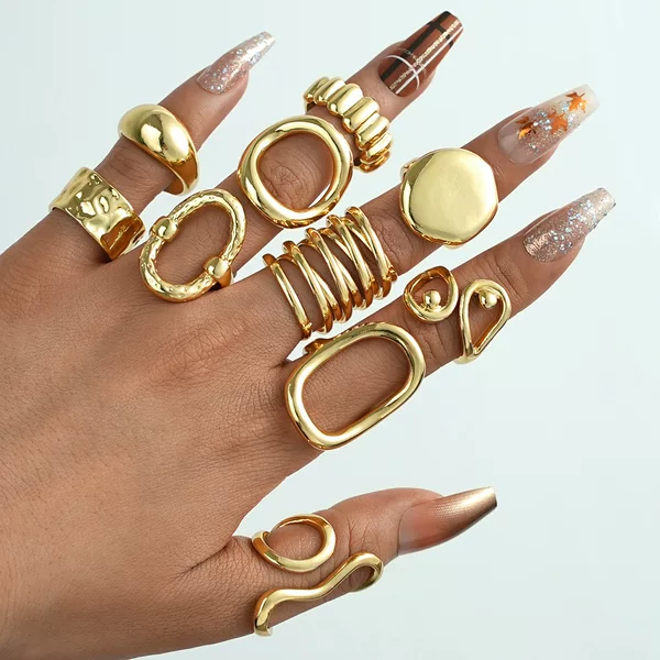 Cross-Border Hot-Selling Asymmetrical Geometric Cut Out Round Line Ring 10-Piece Set Fashionable and Versatile High-End Jewelry