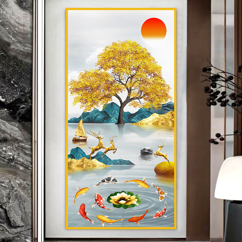 Pintura de entrada de pintura tradicional china Pintura de decoración del pasillo frente a la puerta Pasillo de nueve peces Pintura colgante de fondo de lujo ligero Pintura mural
