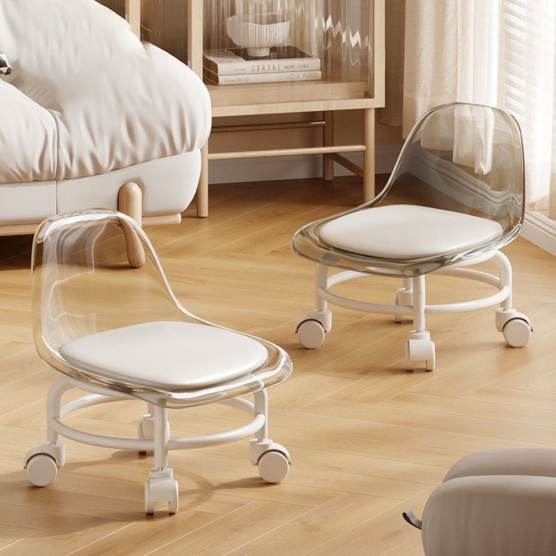 Acrylic stool with silent universal wheels, small chair for home use, child-friendly chair with movable backrest and swivel function