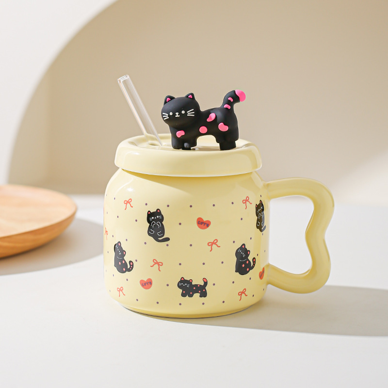Taza de paja de dibujos animados de gato lindo suave Taza de oficina de alto valor con tapa Taza de pareja casera Taza de desayuno