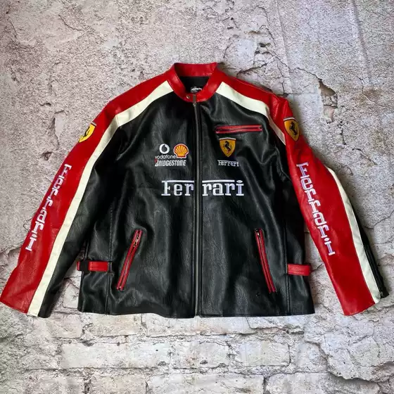 2025 Cross-border Autumn and Winter New Ferrari Leather Harley Biker Riding Suit Embroidered Cotton Couples Trendy Cool Jacket