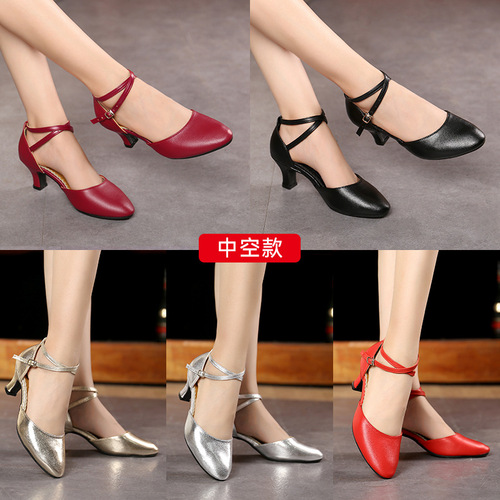 Genuine leather Latin dance shoes for women, medium and high heels, new dance shoes, soft sole square dance shoes, cowhide dance shoes, red