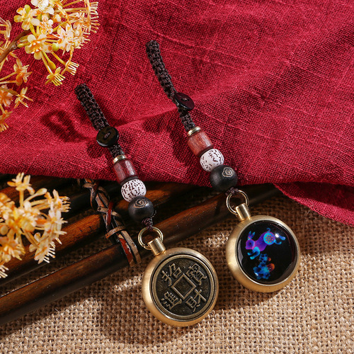 Retro brass zodiac handle piece with glazed luminous twelve zodiac signs handmade braided rope car keychain