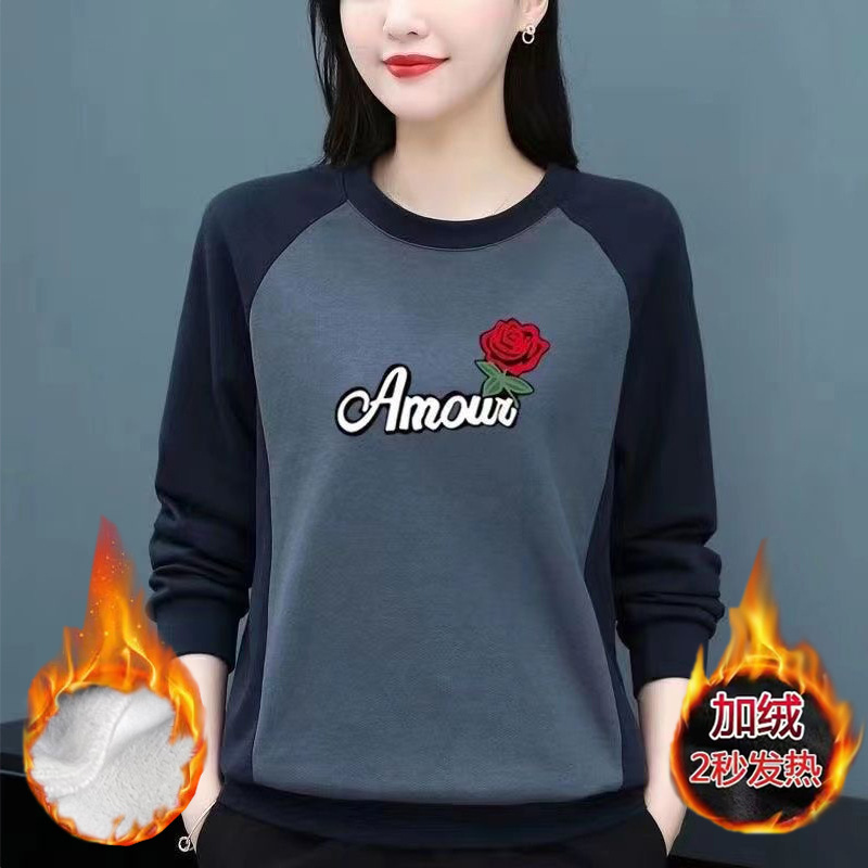 Long-sleeved T-shirt Women's New Mom Clothes Loose Printed fleece-lined Thickened Sweater Round Neck plus size Base Shirt Top Trendy