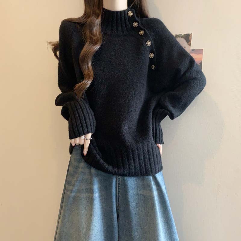 日韩跨境秋冬新款简约韩版半高领针织毛衣女大码百搭休闲上衣外套|undefined