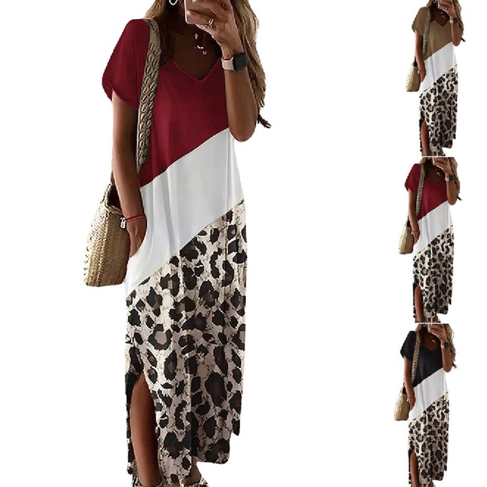 Women's Slit Dress Casual Vacation Round Neck Short Sleeve Color Block Leopard Maxi Long Dress Holiday display picture 1