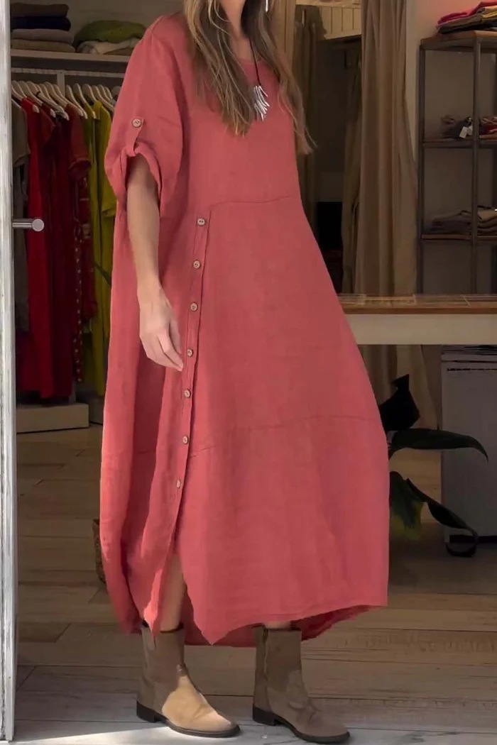 New 2024 women's summer style loose fitting casual solid color short sleeved cotton linen dress_voghion.com