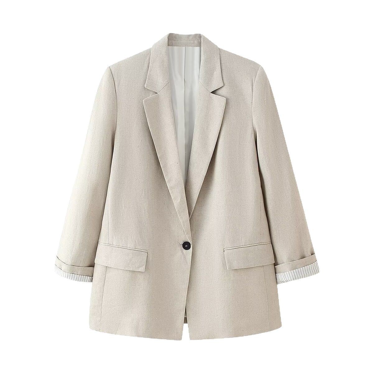 European and American Style Women's Clothing 2025 New European and American Fashion Printed Cuff Linen Casual Suit Jacket 2753630