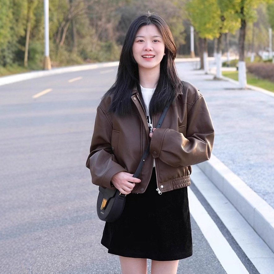 Brown Leather Jacket Women's Short Style 2025 New Style This Year's Popular High-End Small Maillard Pu Leather Jacket