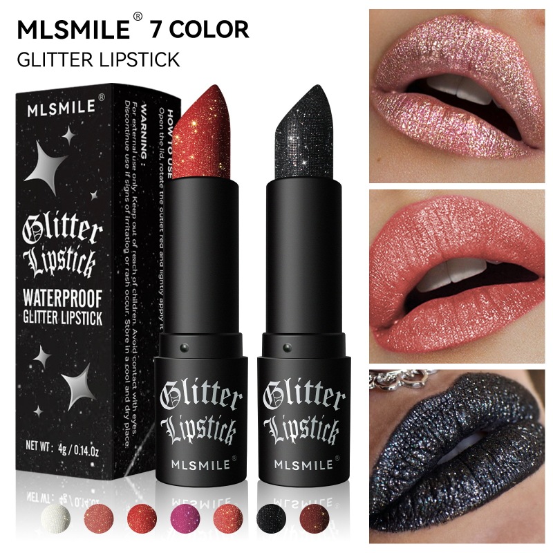 Cross-Border Hot-Selling Pearlescent Lipstick, Matte Non-Stick Cup, Waterproof, Dazzling Lip Gloss, Color-Rich European and American Halloween Diamond Lipstick