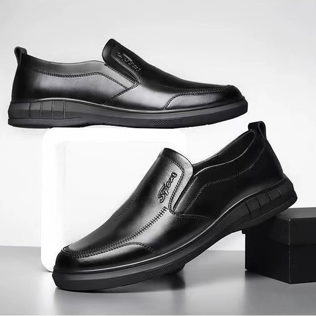 2024春季新款皮鞋男純黑色商務休閒鞋一腳蹬懶人鞋軟底爸爸鞋