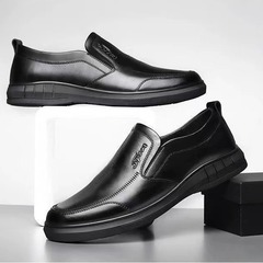2024春季新款皮鞋男純黑色商務休閒鞋一腳蹬懶人鞋軟底爸爸鞋