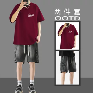 美式风短袖T恤男生夏季套装青少年男装帅气学生潮流穿搭宽松休闲