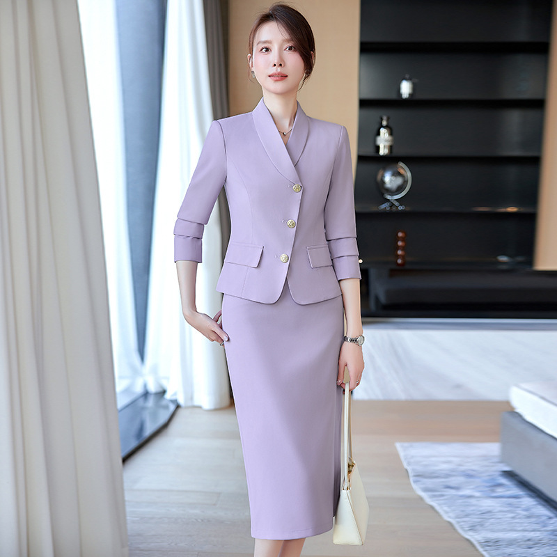 紫色西装外套女春秋职业装主持人正装西服套装中长过膝裙两件套