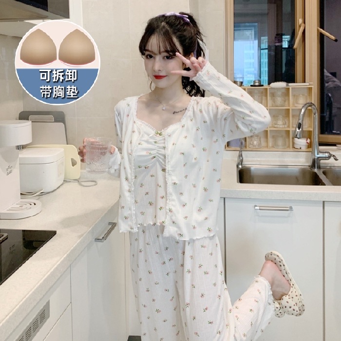 2025春夏季新款三件套6535棉带胸垫可拆卸背心+长袖+长裤女士睡衣|undefined
