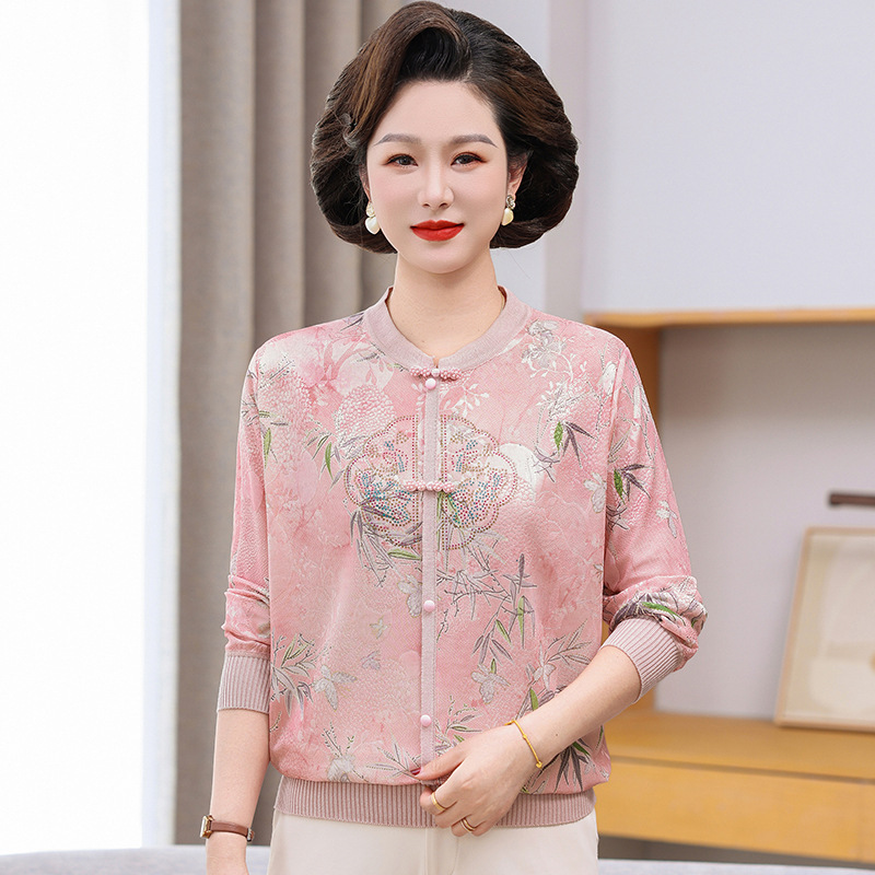 Mom's Spring Long-Sleeve Round-Neck Stylish T-Shirt for Women, Middle-Aged and Elderly Spring and Autumn Thin Retro Top for Women Mom's Spring Long-Sleeve Round-Neck Stylish T-Shirt for Women, Middle-Aged and Elderly Spring and Autumn Thin Retro Top for Women