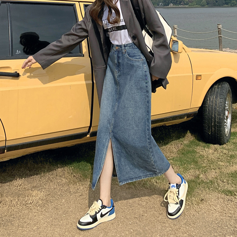 2025 Summer New High Waist Loose Slimming Split Retro Denim Skirt Washed Old Mid-Length Skirt 2025 Summer New High Waist Loose Slimming Split Retro Denim Skirt Washed Old Mid-Length Skirt