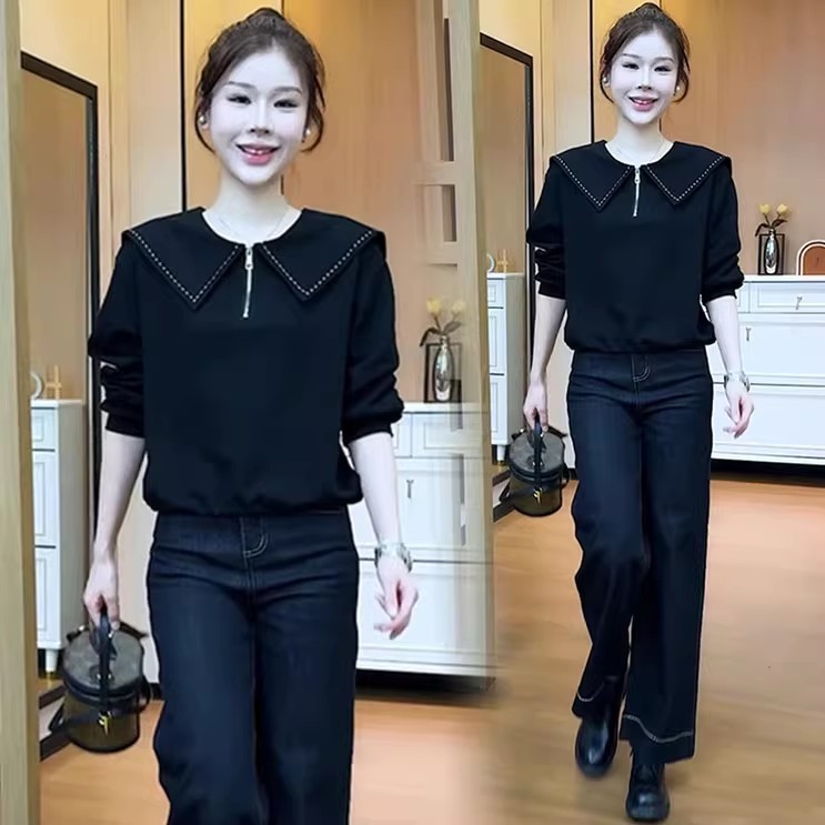 时尚卫衣女2025秋季新款洋气宽松遮肉显瘦娃娃领休闲百搭长袖上衣|undefined