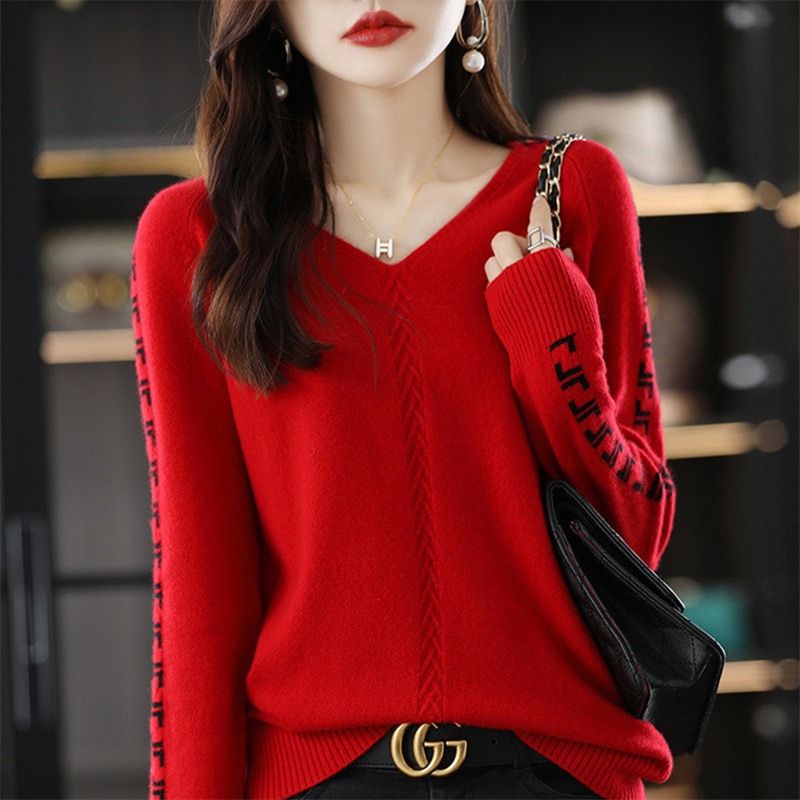 V-Neck Knitted Shirt Women's Short Color-matching Knitted Base Shirt 2024 Autumn and Winter New Fashionable Pullover V-Neck Sweater Women's Trendy