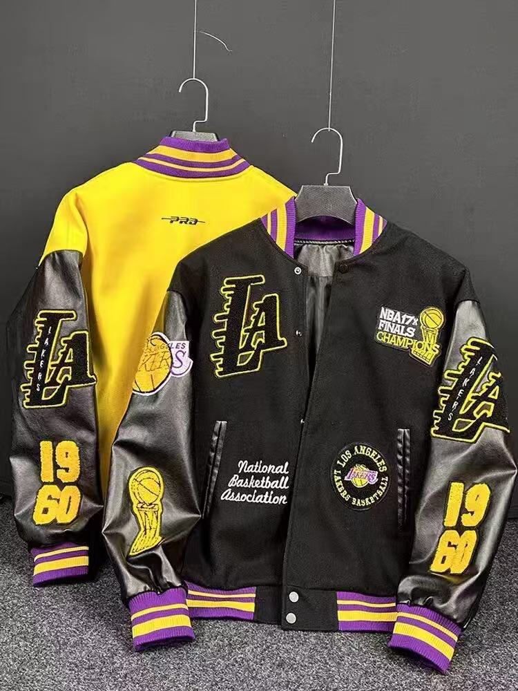 NBA Los Angeles Lakers Bomber Jacket Patchwork Faux Leather Sleeves Black Yellow
