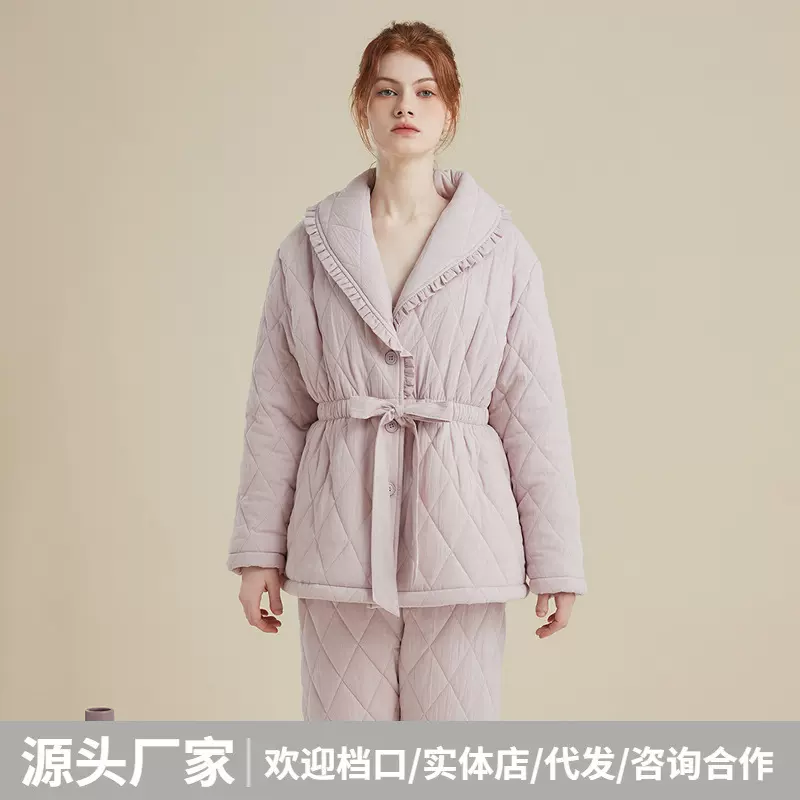 原创冬季特厚三层夹棉睡衣女冬天加厚保暖国风家居服套装省服外穿